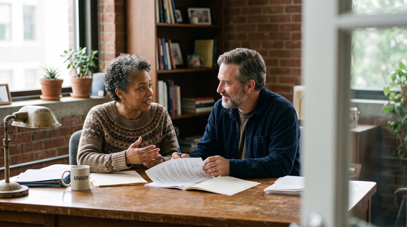 A person reviewing their options with a supportive advisor across a desk